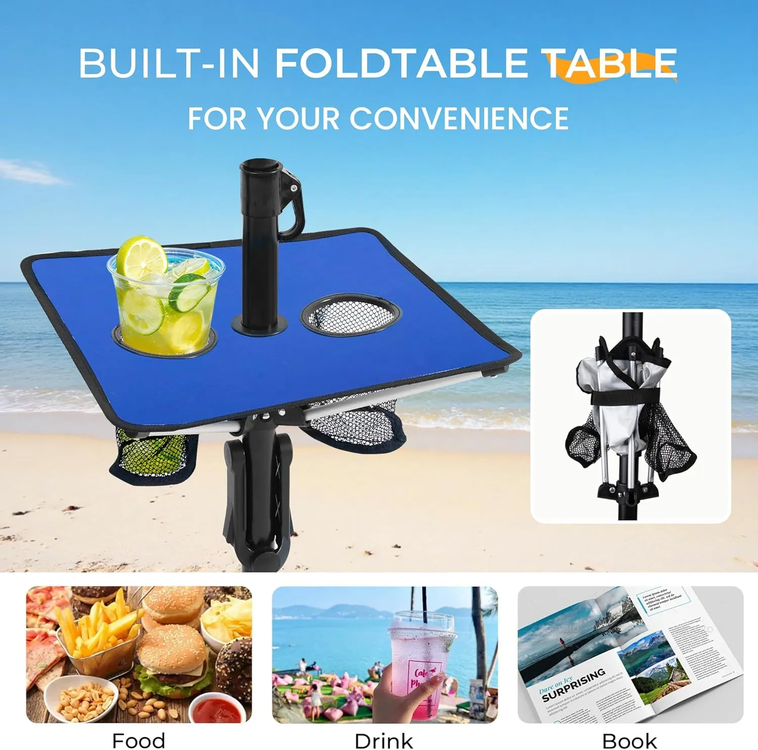 HOMEDEMO Heavy Duty High Wind Beach Umbrella with Sand Anchor,Built-in Table Tray & Tilt Pole&Hook& Curtain, UPF 50  Windproof Portable Beach Umbrella for Patio Garden Pool Backyard