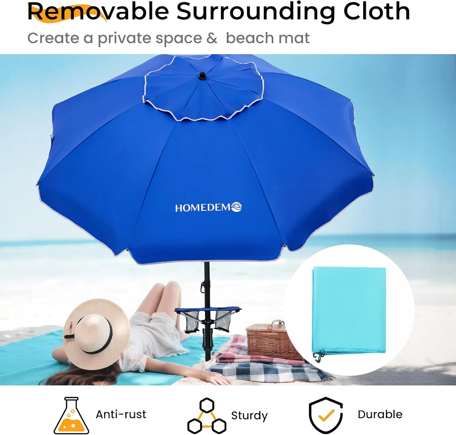 HOMEDEMO Heavy Duty High Wind Beach Umbrella with Sand Anchor,Built-in Table Tray & Tilt Pole&Hook& Curtain, UPF 50  Windproof Portable Beach Umbrella for Patio Garden Pool Backyard