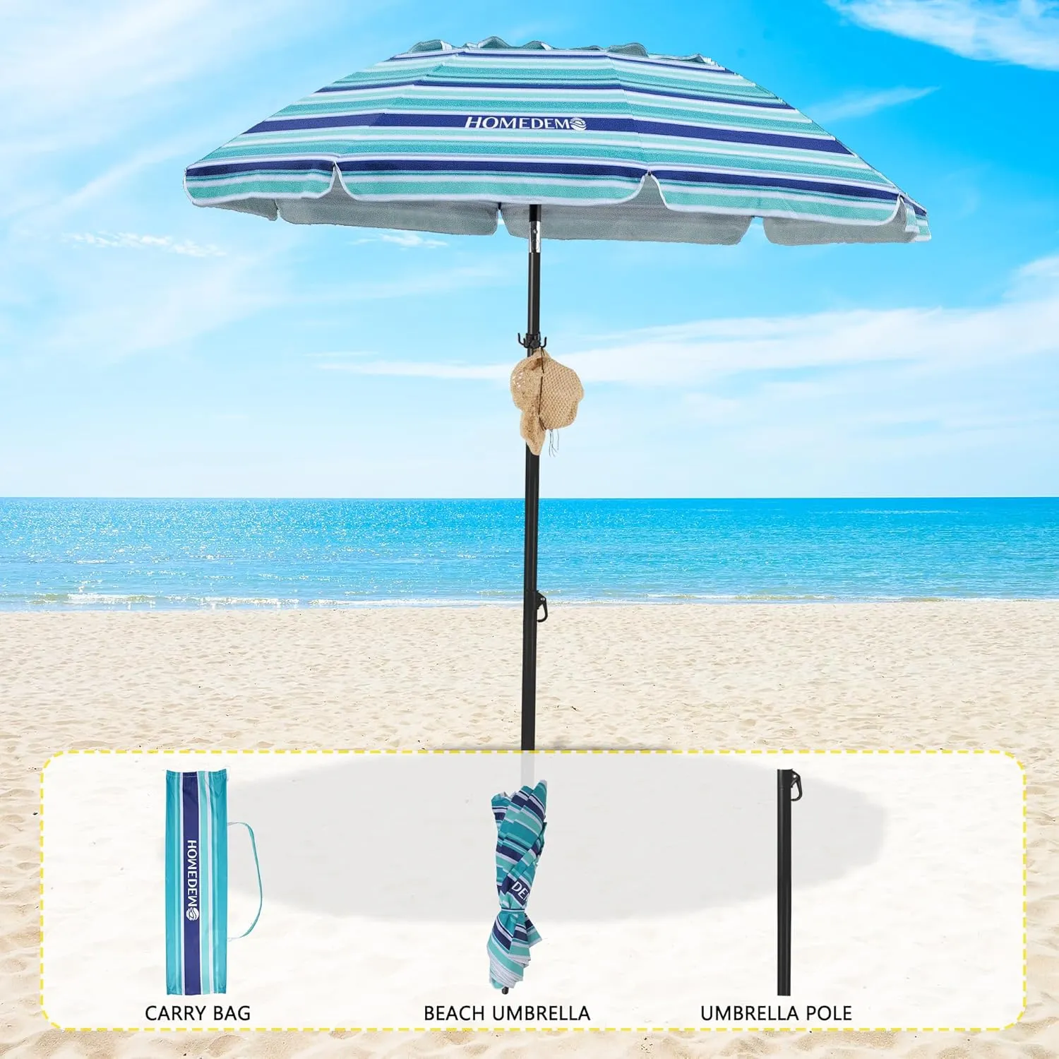 HOMEDEMO Heavy Duty High Wind Beach Umbrella with Sand Anchor,Built-in Table Tray & Tilt Pole&Hook& Curtain, UPF 50  Windproof Portable Beach Umbrella for Patio Garden Pool Backyard