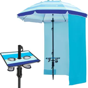 HOMEDEMO Heavy Duty High Wind Beach Umbrella with Sand Anchor,Built-in Table Tray & Tilt Pole&Hook& Curtain, UPF 50  Windproof Portable Beach Umbrella for Patio Garden Pool Backyard