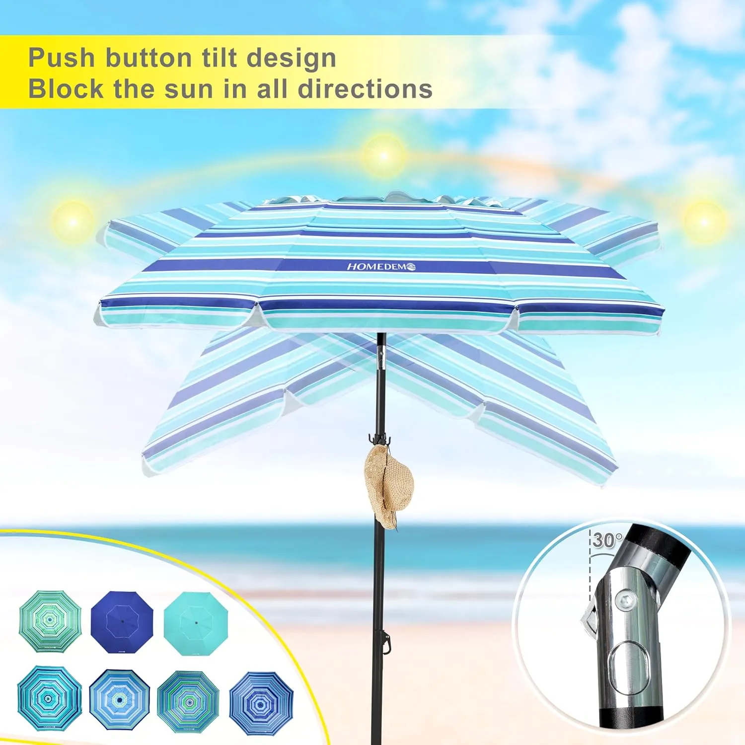 HOMEDEMO Heavy Duty High Wind Beach Umbrella with Sand Anchor,Built-in Table Tray & Tilt Pole&Hook& Curtain, UPF 50  Windproof Portable Beach Umbrella for Patio Garden Pool Backyard