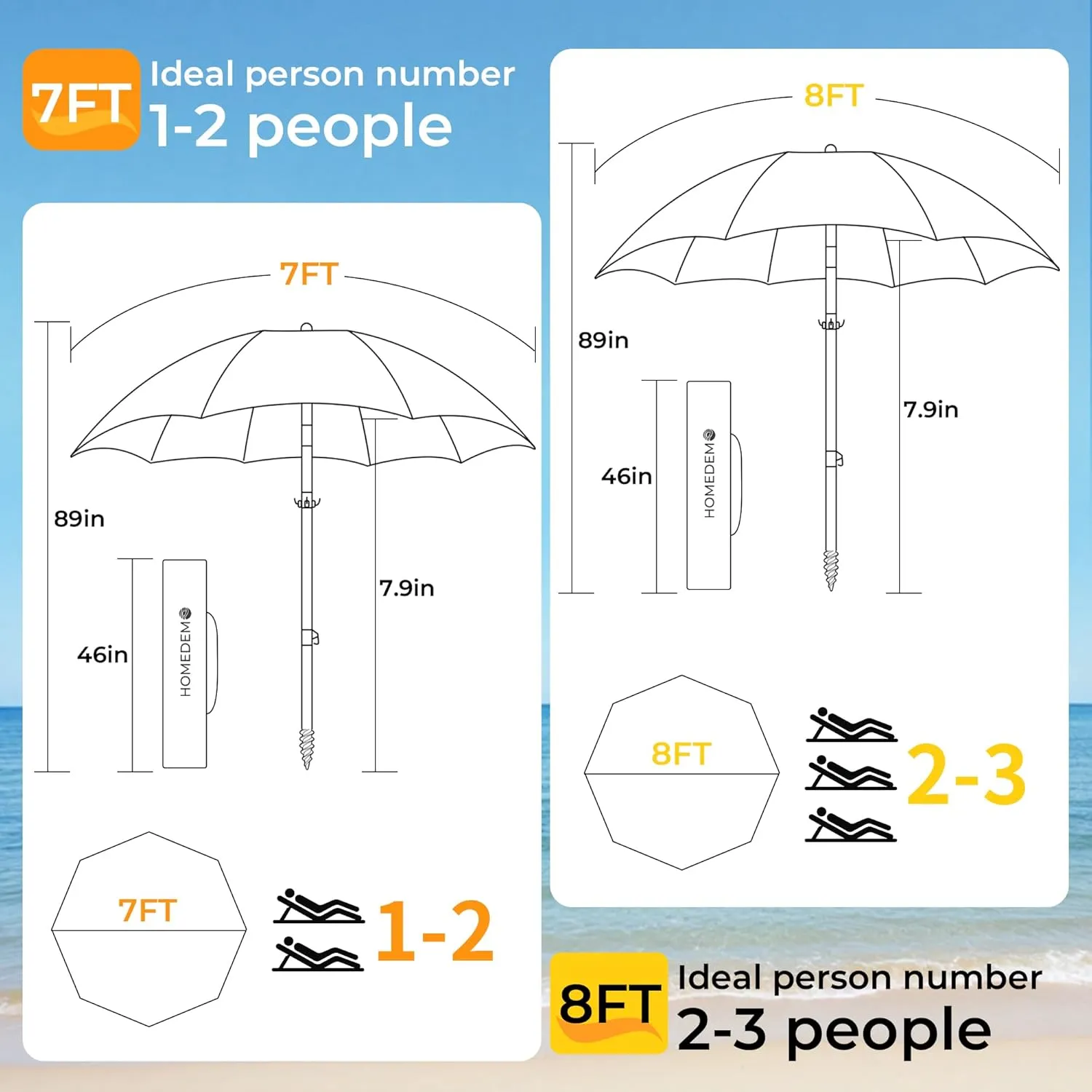 HOMEDEMO Heavy Duty High Wind Beach Umbrella with Sand Anchor,Built-in Table Tray & Tilt Pole&Hook& Curtain, UPF 50  Windproof Portable Beach Umbrella for Patio Garden Pool Backyard
