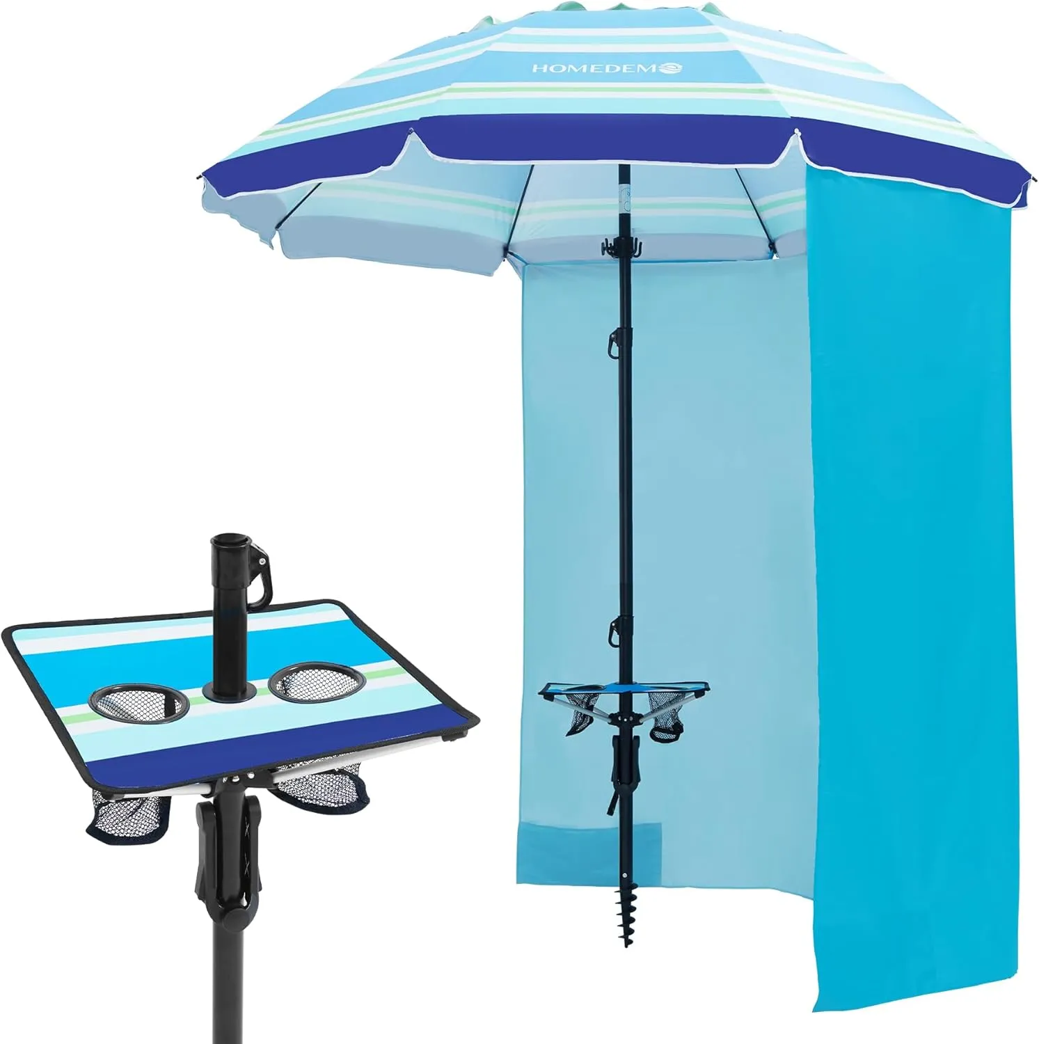 HOMEDEMO Heavy Duty High Wind Beach Umbrella with Sand Anchor,Built-in Table Tray & Tilt Pole&Hook& Curtain, UPF 50  Windproof Portable Beach Umbrella for Patio Garden Pool Backyard