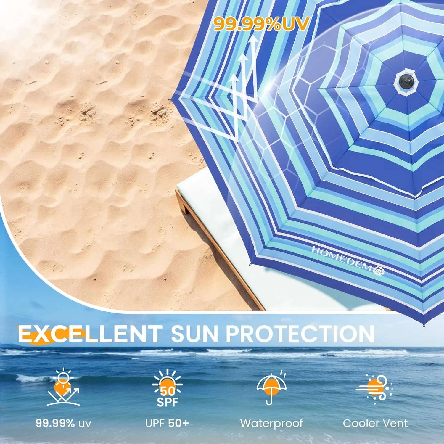 HOMEDEMO Heavy Duty High Wind Beach Umbrella with Sand Anchor,Built-in Table Tray & Tilt Pole&Hook& Curtain, UPF 50  Windproof Portable Beach Umbrella for Patio Garden Pool Backyard