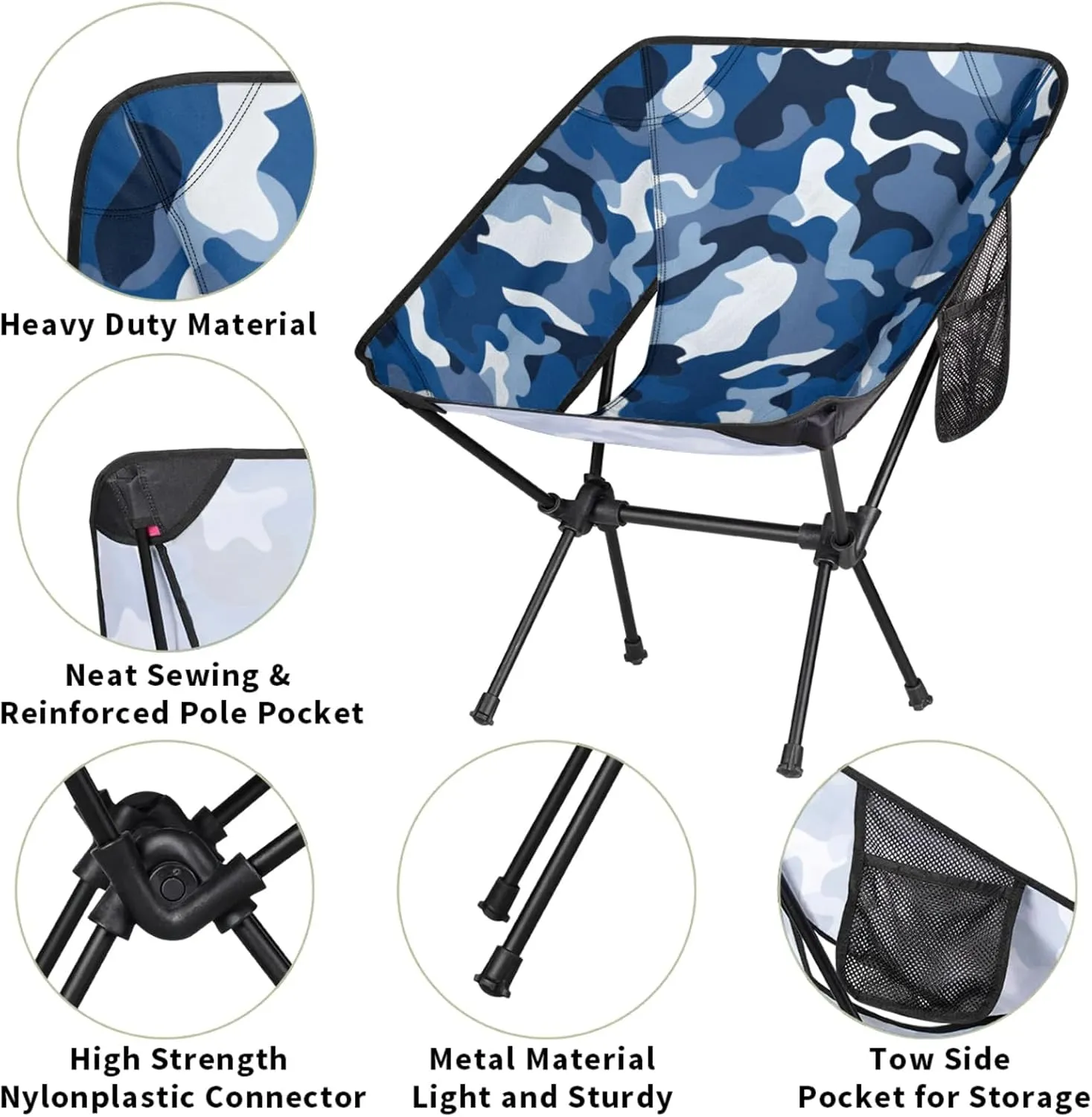 Honeybaby Folding Camping Chair Blue Camo Camping Chairs Lightweight Portable Chair Outdoor Foldable Chairs for Camping Travel Picnic Beach Hiking