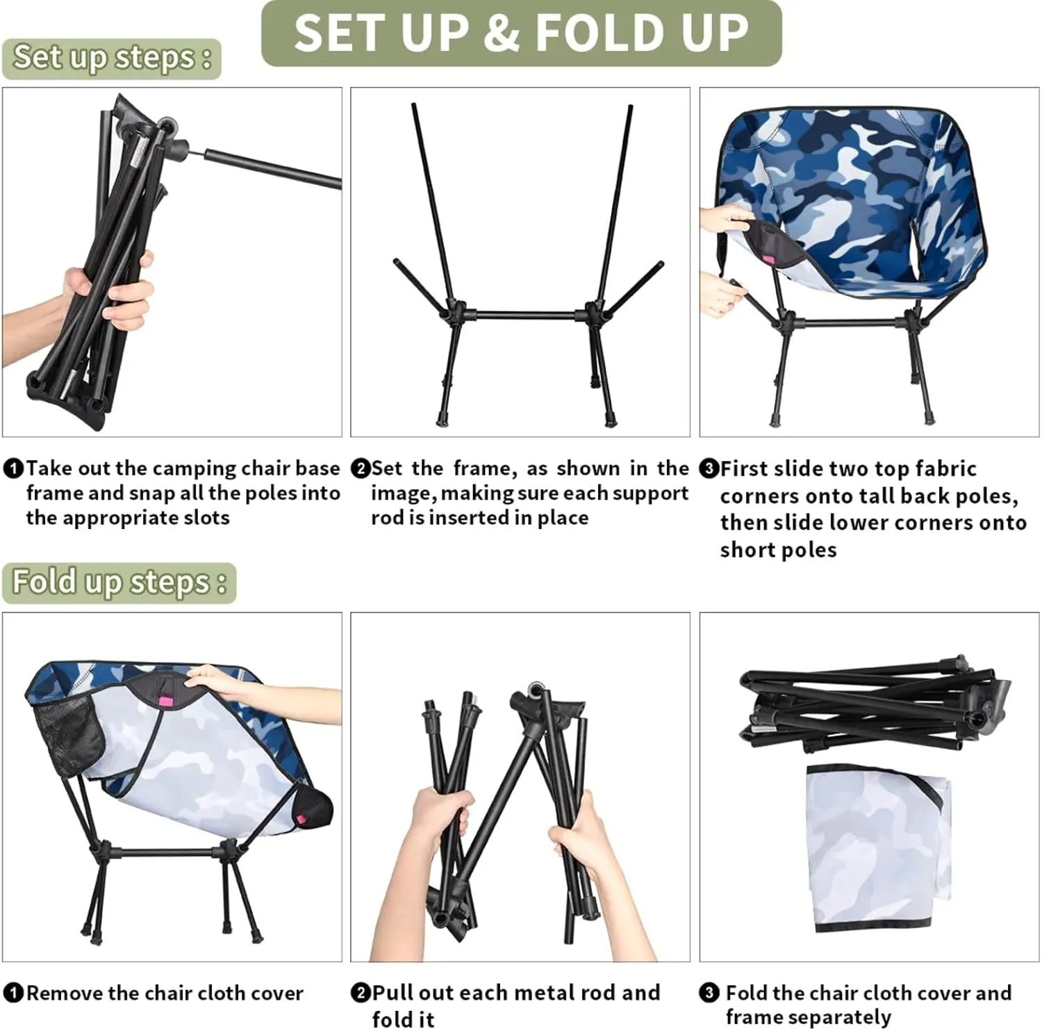 Honeybaby Folding Camping Chair Blue Camo Camping Chairs Lightweight Portable Chair Outdoor Foldable Chairs for Camping Travel Picnic Beach Hiking