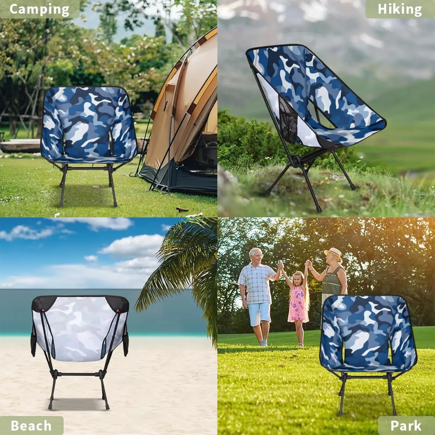 Honeybaby Folding Camping Chair Blue Camo Camping Chairs Lightweight Portable Chair Outdoor Foldable Chairs for Camping Travel Picnic Beach Hiking