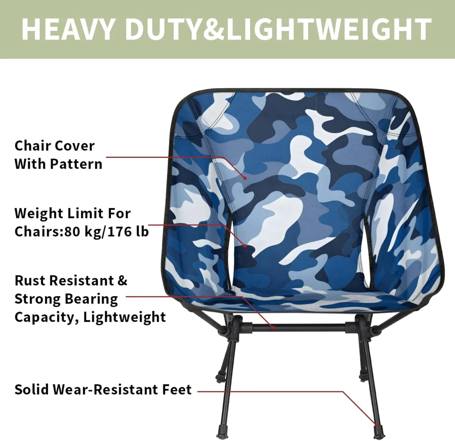 Honeybaby Folding Camping Chair Blue Camo Camping Chairs Lightweight Portable Chair Outdoor Foldable Chairs for Camping Travel Picnic Beach Hiking