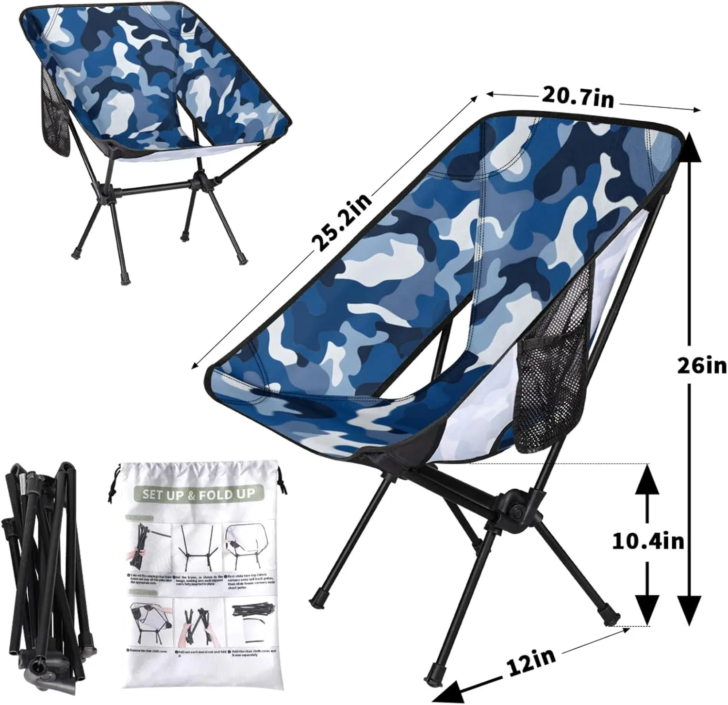 Honeybaby Folding Camping Chair Blue Camo Camping Chairs Lightweight Portable Chair Outdoor Foldable Chairs for Camping Travel Picnic Beach Hiking