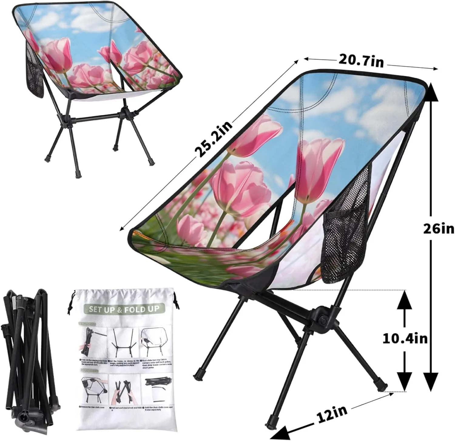 Honeybaby Folding Camping Chair Fragrant Tulip Camping Chairs Lightweight Portable Chair Outdoor Foldable Chairs for Camping Travel Picnic Beach Hiking