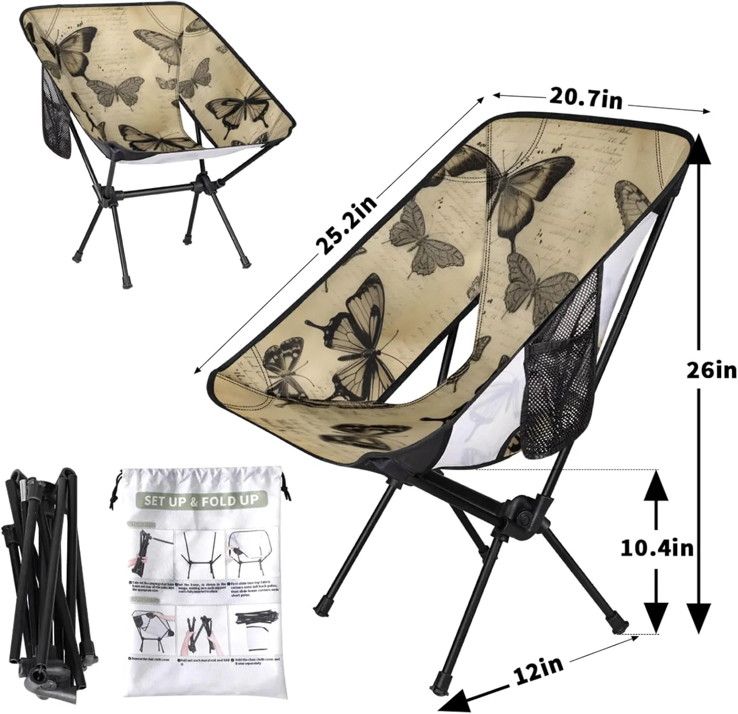Honeybaby Folding Camping Chair Retro Butterfly Camping Chairs Lightweight Portable Chair Outdoor Foldable Chairs for Camping Travel Picnic Beach Hiking