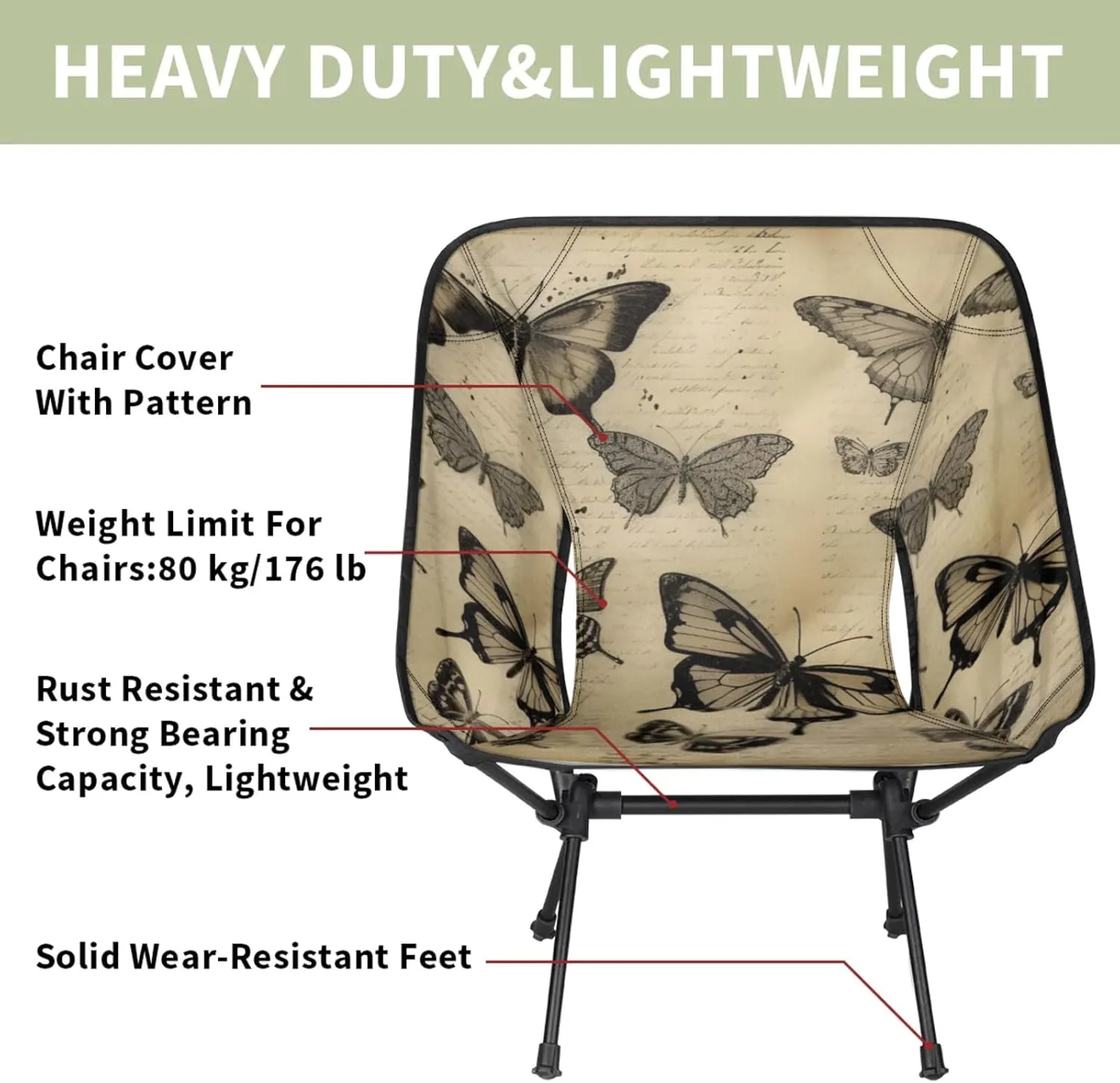 Honeybaby Folding Camping Chair Retro Butterfly Camping Chairs Lightweight Portable Chair Outdoor Foldable Chairs for Camping Travel Picnic Beach Hiking