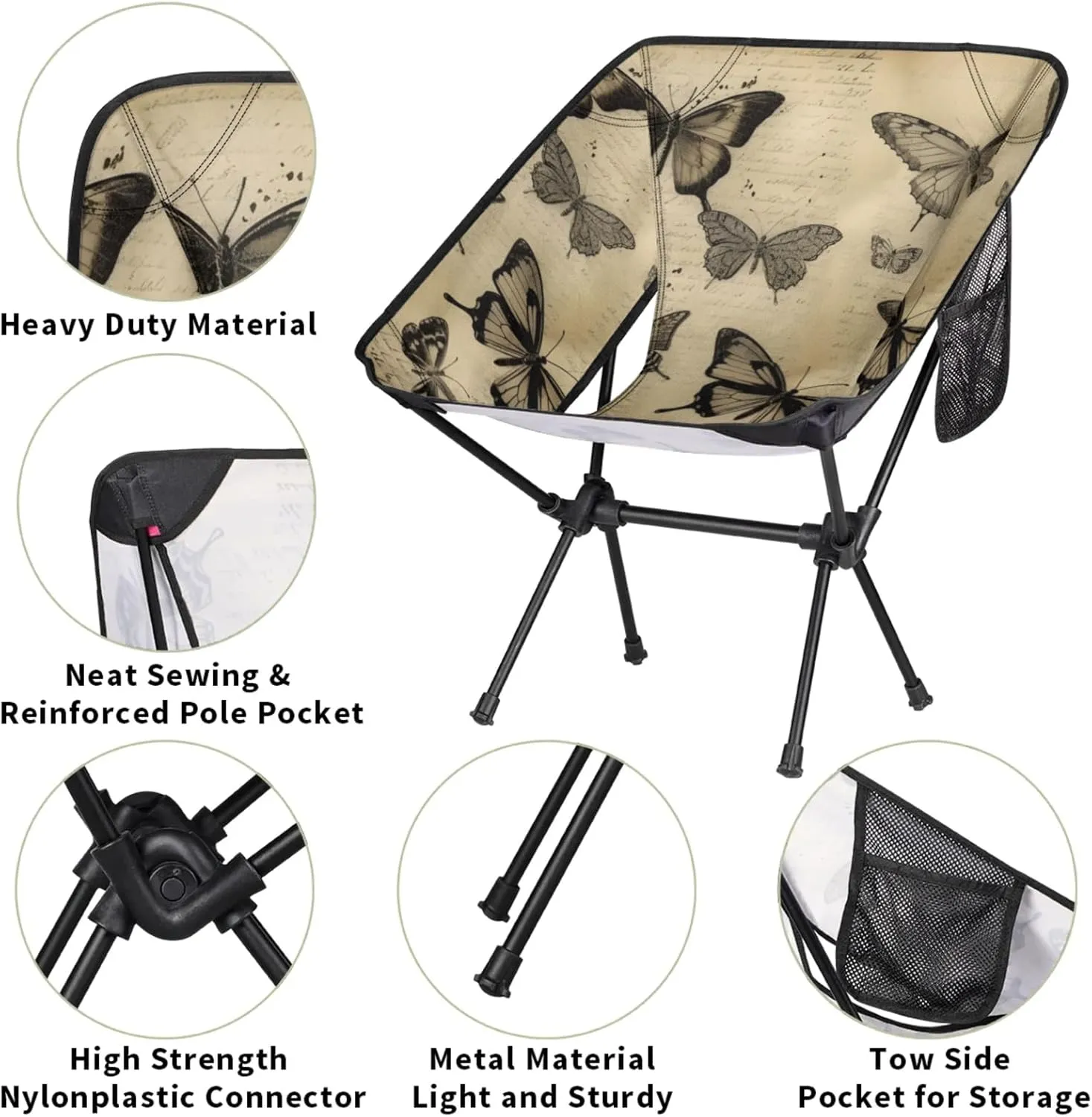 Honeybaby Folding Camping Chair Retro Butterfly Camping Chairs Lightweight Portable Chair Outdoor Foldable Chairs for Camping Travel Picnic Beach Hiking