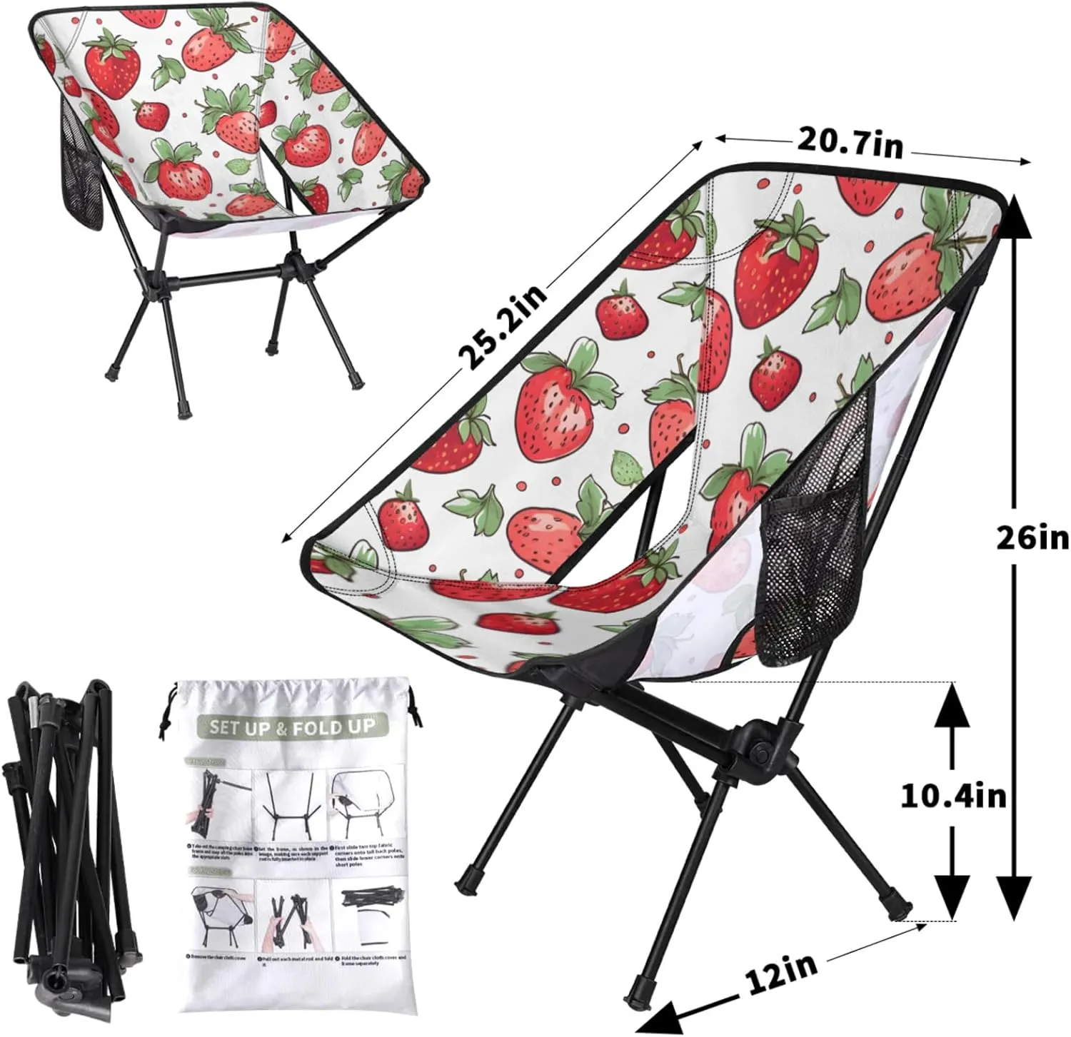 Honeybaby Folding Camping Chair Strawberries Camping Chairs Lightweight Portable Chair Outdoor Foldable Chairs for Camping Travel Picnic Beach Hiking