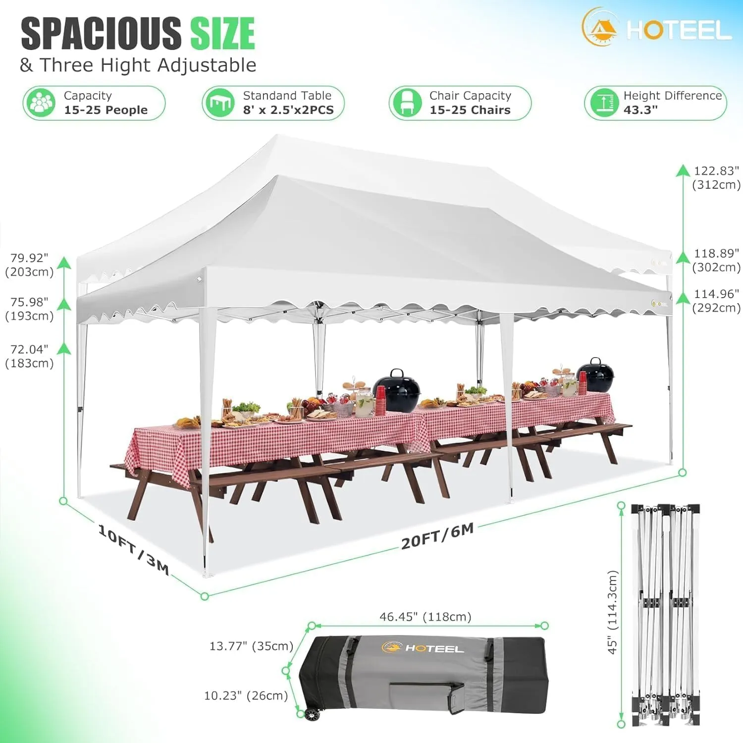 HOTEEL 10x20 Pop Up Canopy Tents for Parties, Easy Setup Outdoor Canopy & Wheeled Bag & 4 Sandbags, Portable Event Tents for Party, Wedding, Commercial, Patio Events, Waterproof and UPF50 , White