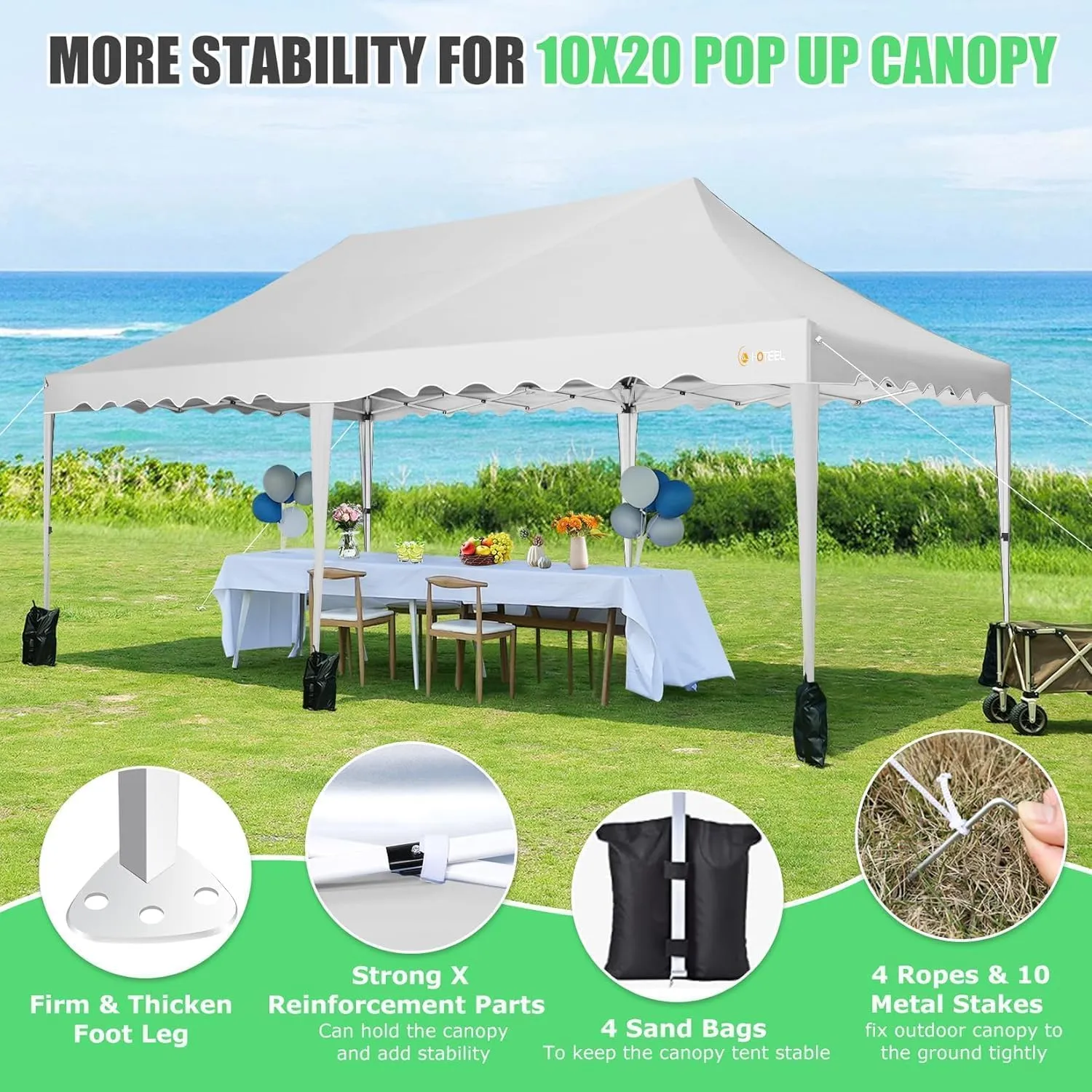 HOTEEL 10x20 Pop Up Canopy Tents for Parties, Easy Setup Outdoor Canopy & Wheeled Bag & 4 Sandbags, Portable Event Tents for Party, Wedding, Commercial, Patio Events, Waterproof and UPF50 , White