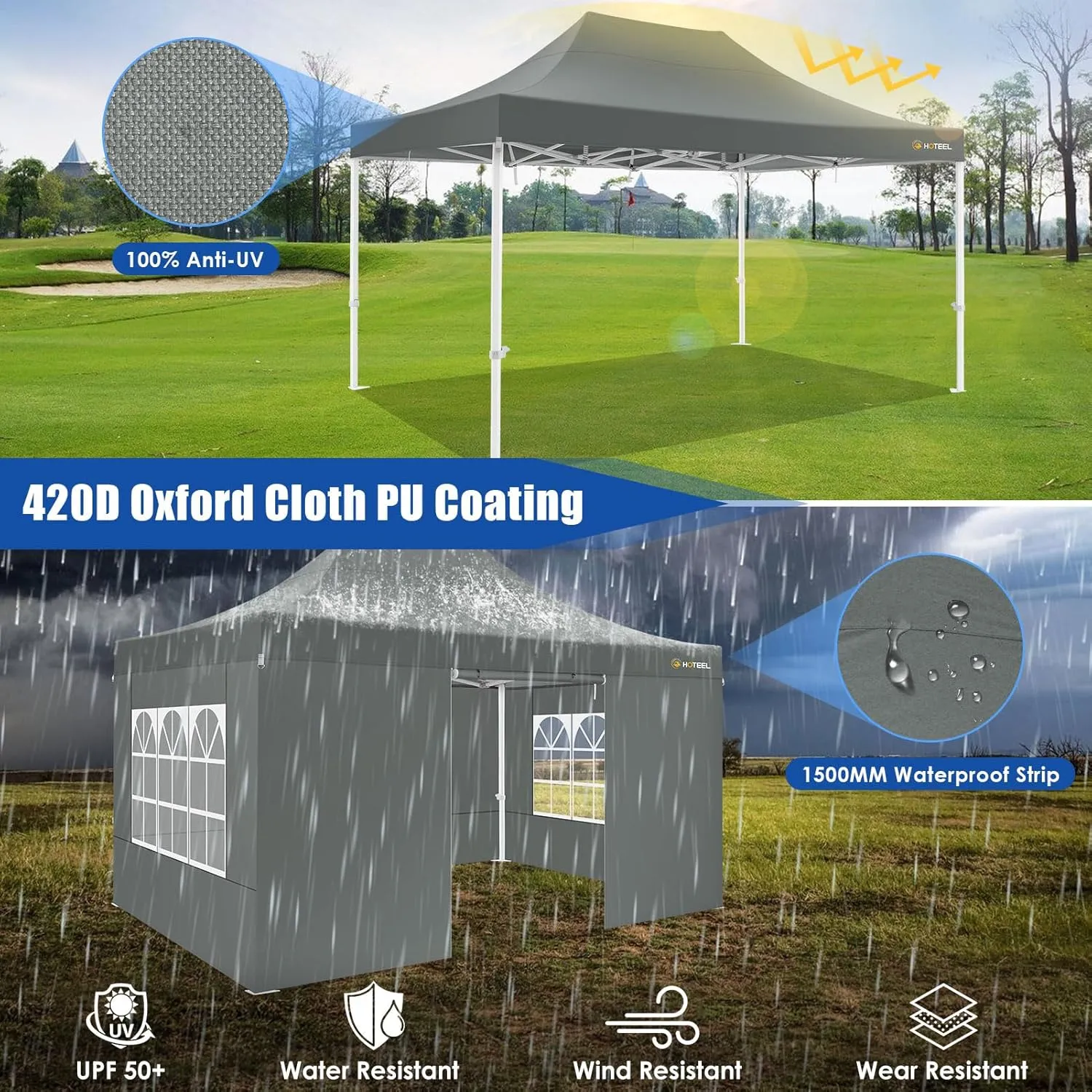HOTEEL Canopy Tent 10x15 Heavy Duty Pop Up Canopy with Sidewalls, Party Tent with Roller Bag for Event Wedding, Upgraded Commercial Waterproof Instant Canopy, Thick Hexagonal Legs, UPF50 , Gray