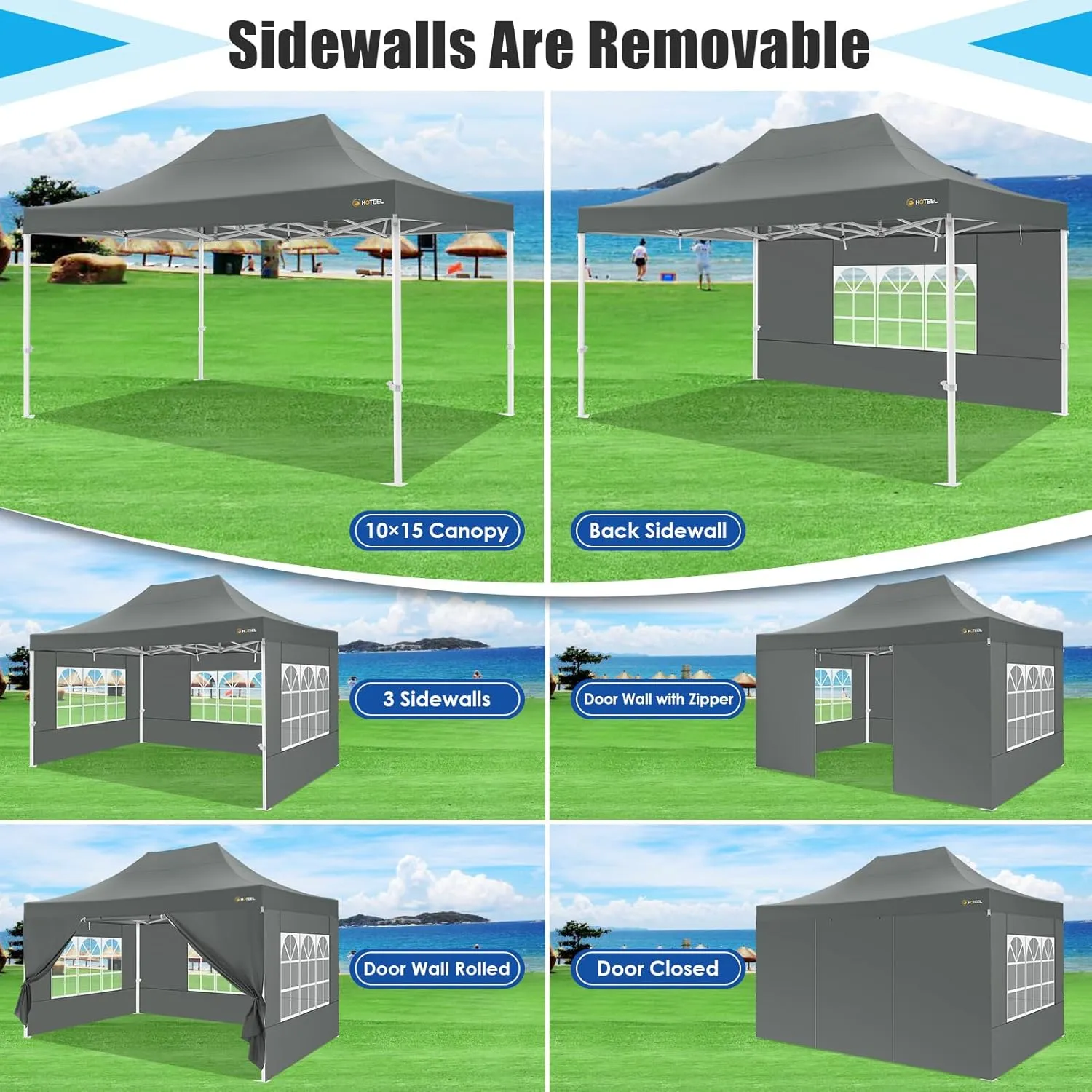 HOTEEL Canopy Tent 10x15 Heavy Duty Pop Up Canopy with Sidewalls, Party Tent with Roller Bag for Event Wedding, Upgraded Commercial Waterproof Instant Canopy, Thick Hexagonal Legs, UPF50 , Gray