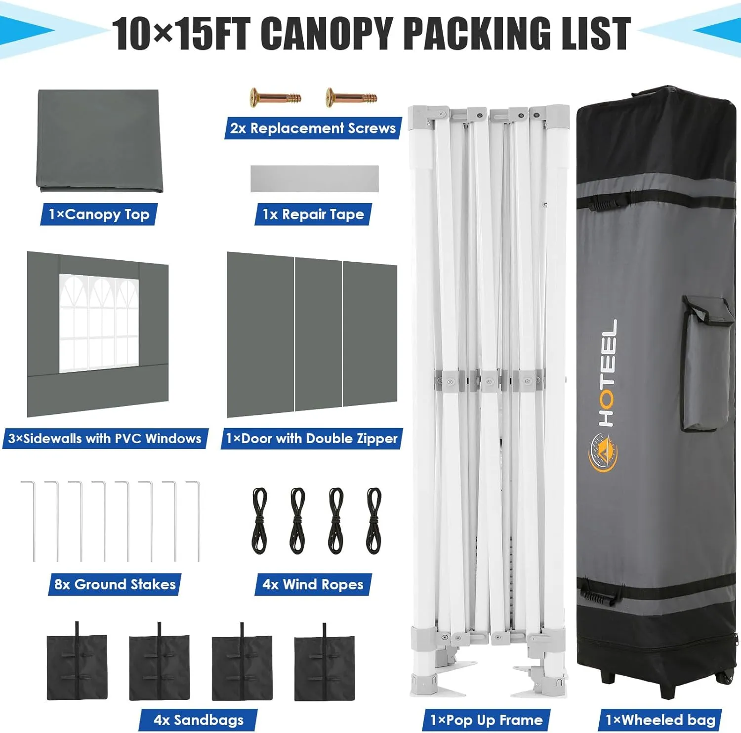 HOTEEL Canopy Tent 10x15 Heavy Duty Pop Up Canopy with Sidewalls, Party Tent with Roller Bag for Event Wedding, Upgraded Commercial Waterproof Instant Canopy, Thick Hexagonal Legs, UPF50 , Gray
