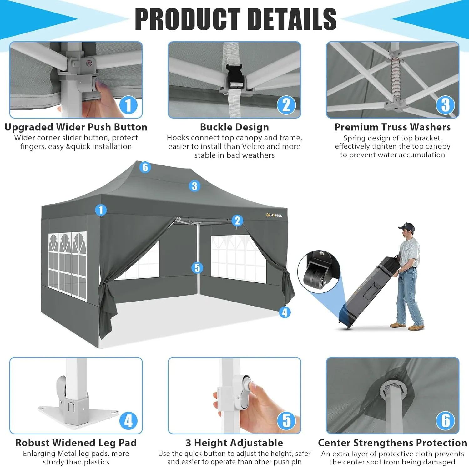 HOTEEL Canopy Tent 10x15 Heavy Duty Pop Up Canopy with Sidewalls, Party Tent with Roller Bag for Event Wedding, Upgraded Commercial Waterproof Instant Canopy, Thick Hexagonal Legs, UPF50 , Gray