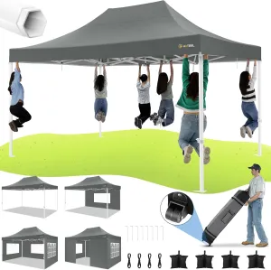 HOTEEL Canopy Tent 10x15 Heavy Duty Pop Up Canopy with Sidewalls, Party Tent with Roller Bag for Event Wedding, Upgraded Commercial Waterproof Instant Canopy, Thick Hexagonal Legs, UPF50 , Gray