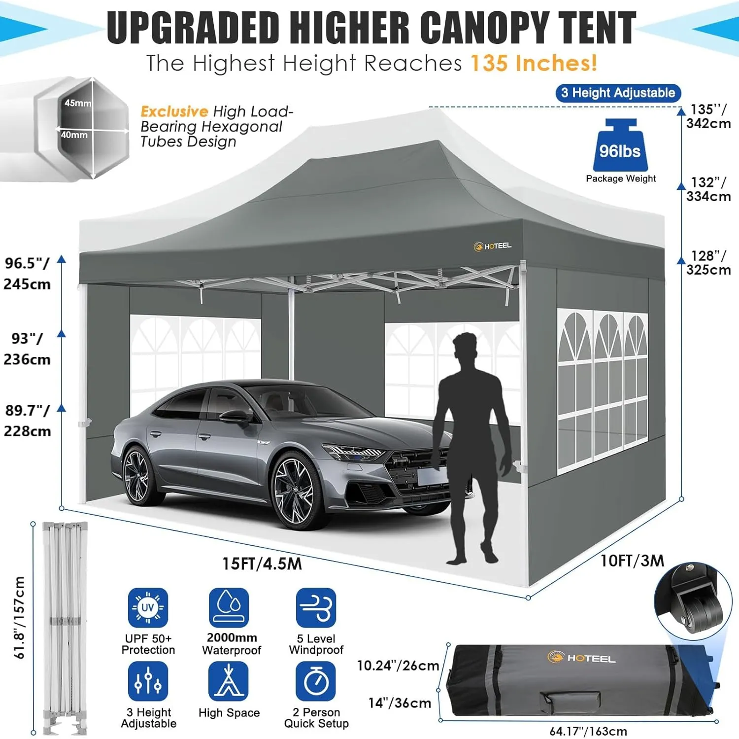 HOTEEL Canopy Tent 10x15 Heavy Duty Pop Up Canopy with Sidewalls, Party Tent with Roller Bag for Event Wedding, Upgraded Commercial Waterproof Instant Canopy, Thick Hexagonal Legs, UPF50 , Gray