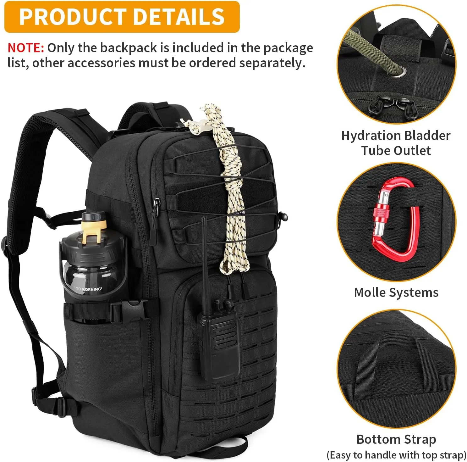 HUNTVP 35L Tactical Backpack Military MOLLE Bag Army Tactical Laptop Backpack 3 Day Pack 1000D Military Gear Camping Hiking Outdoor Rucksack with 15.6 inch Laptop Quick Access, Black