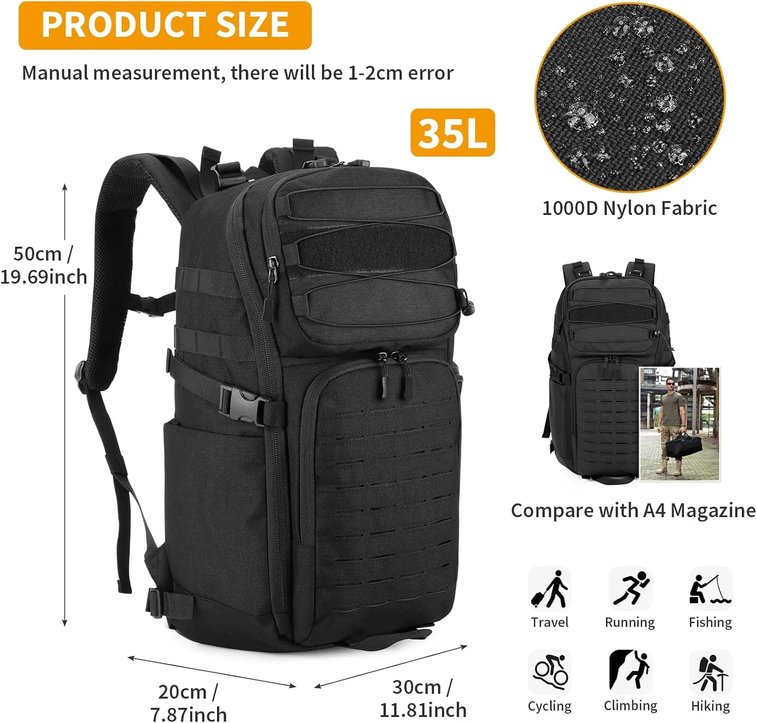 HUNTVP 35L Tactical Backpack Military MOLLE Bag Army Tactical Laptop Backpack 3 Day Pack 1000D Military Gear Camping Hiking Outdoor Rucksack with 15.6 inch Laptop Quick Access, Black
