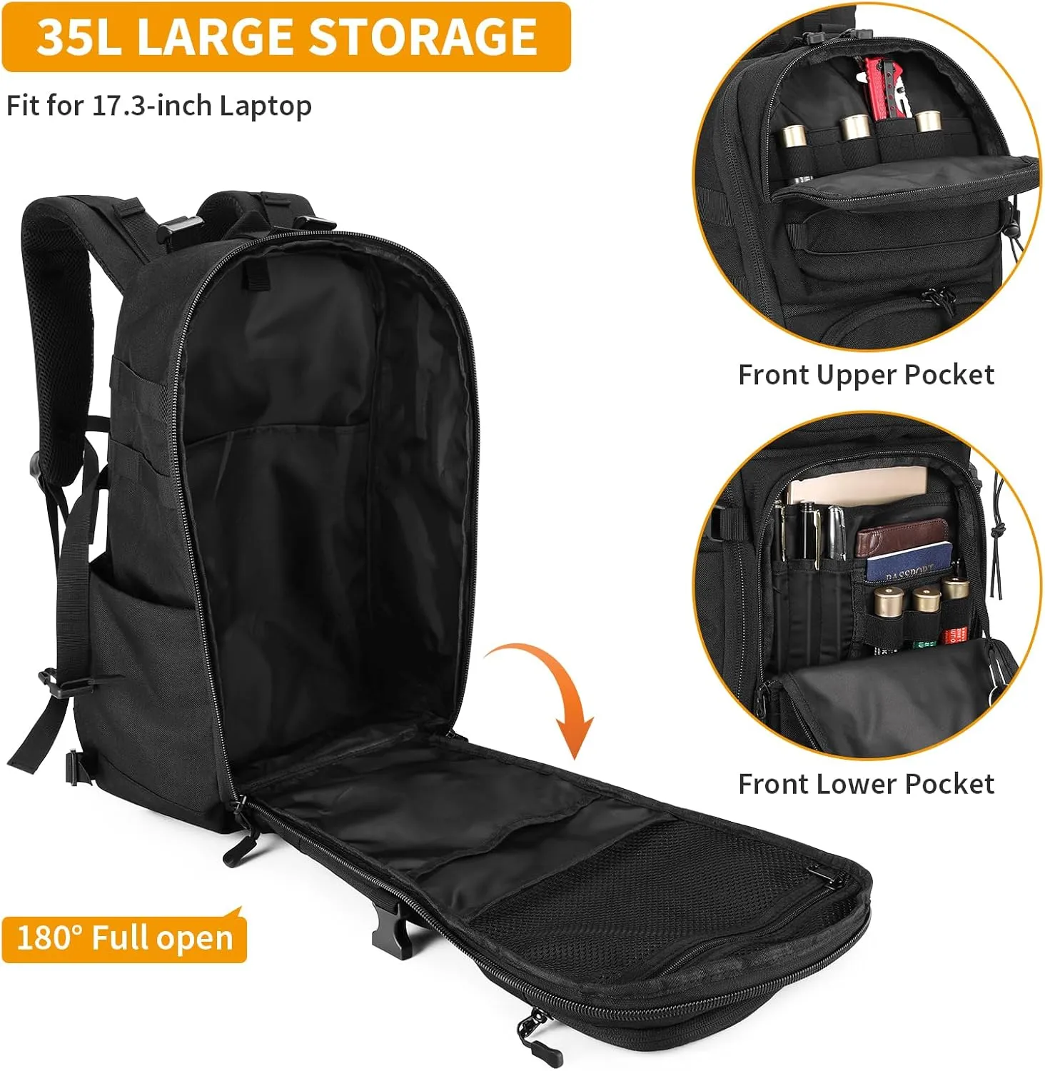 HUNTVP 35L Tactical Backpack Military MOLLE Bag Army Tactical Laptop Backpack 3 Day Pack 1000D Military Gear Camping Hiking Outdoor Rucksack with 15.6 inch Laptop Quick Access, Black