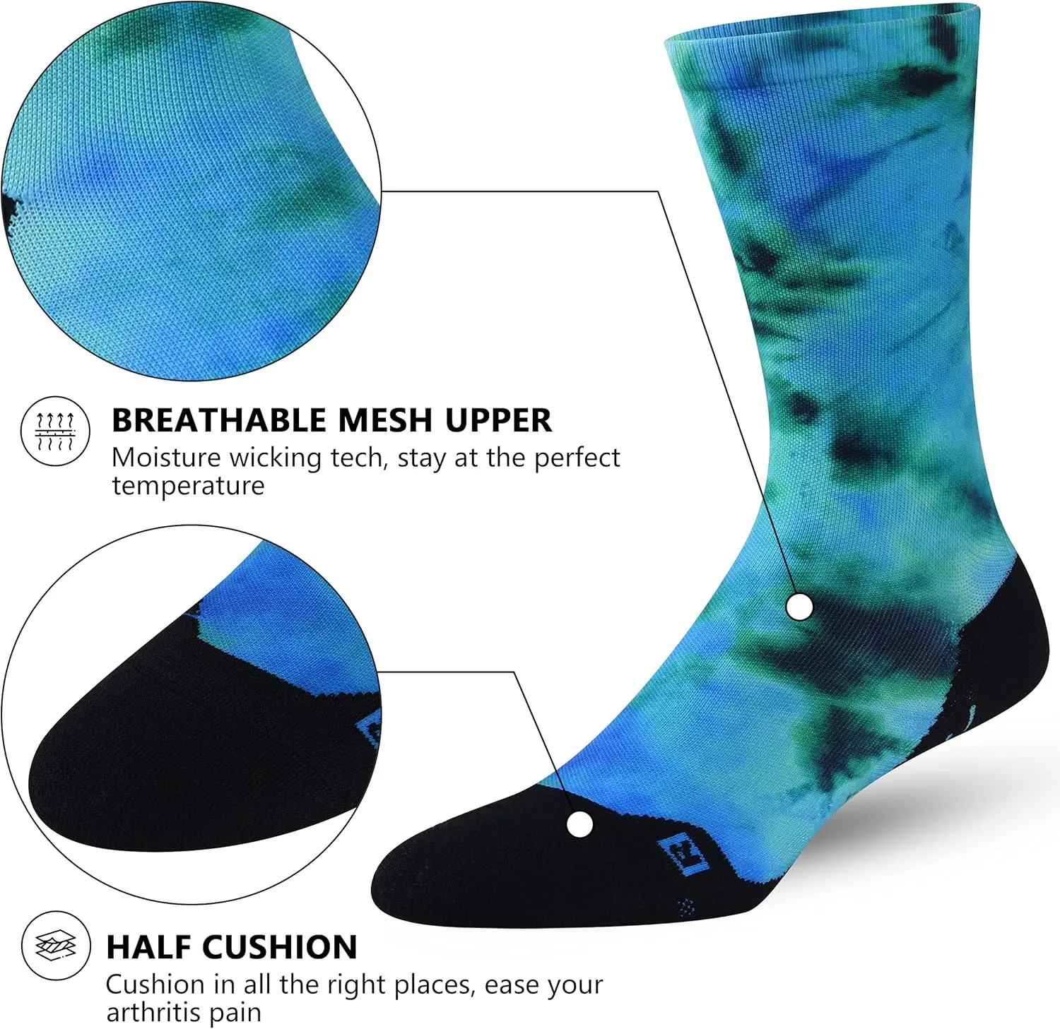 HUSO Unisex Funky Digital Printed Athletic Crew Hiking Cycling Socks 4 Pairs