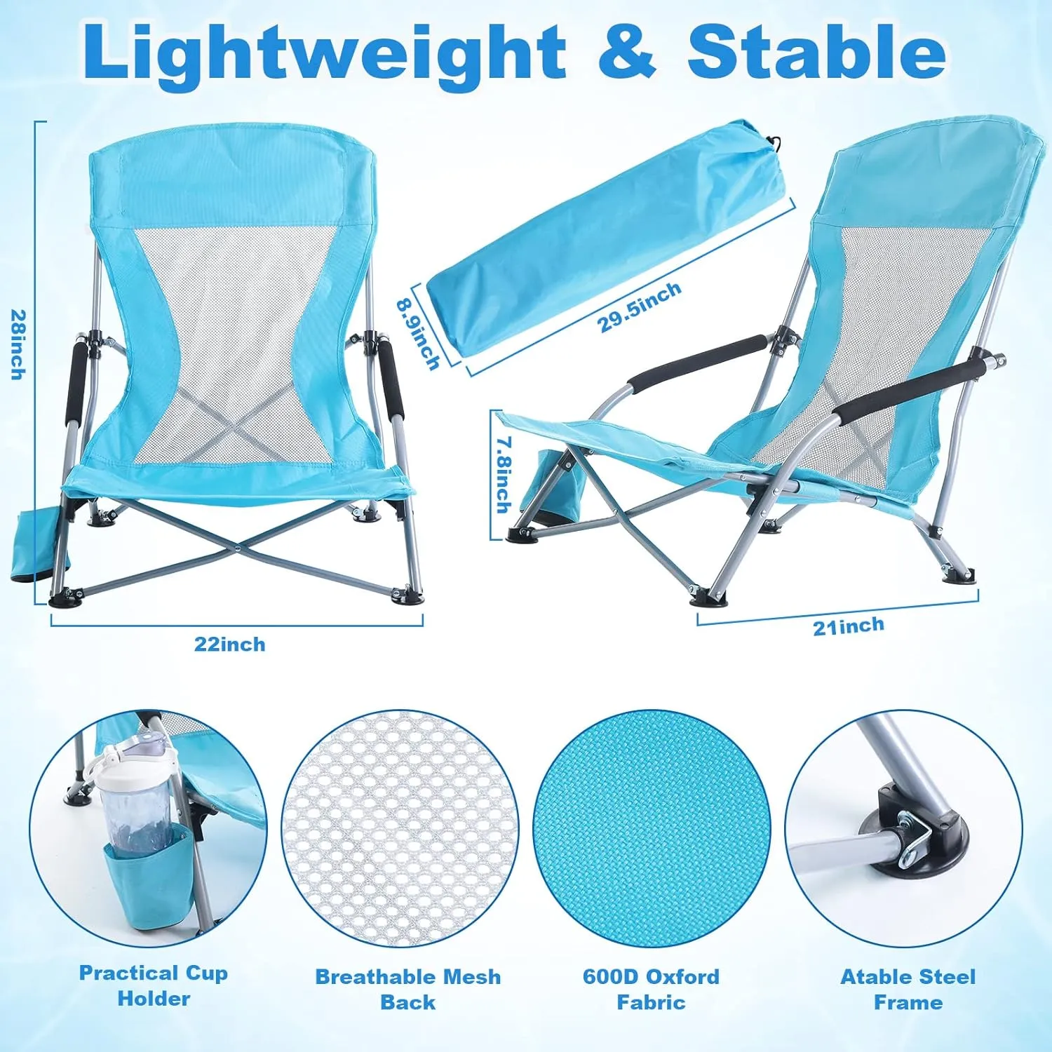 Huwena 2 Pack Beach Chair for Adult with 2 Umbrella Low Folding Chair Detachable Adjustable Lightweight with Armrests Cup Holder Carry Bag Portable for Sand Camping Travel Outdoor Pool (Blue)