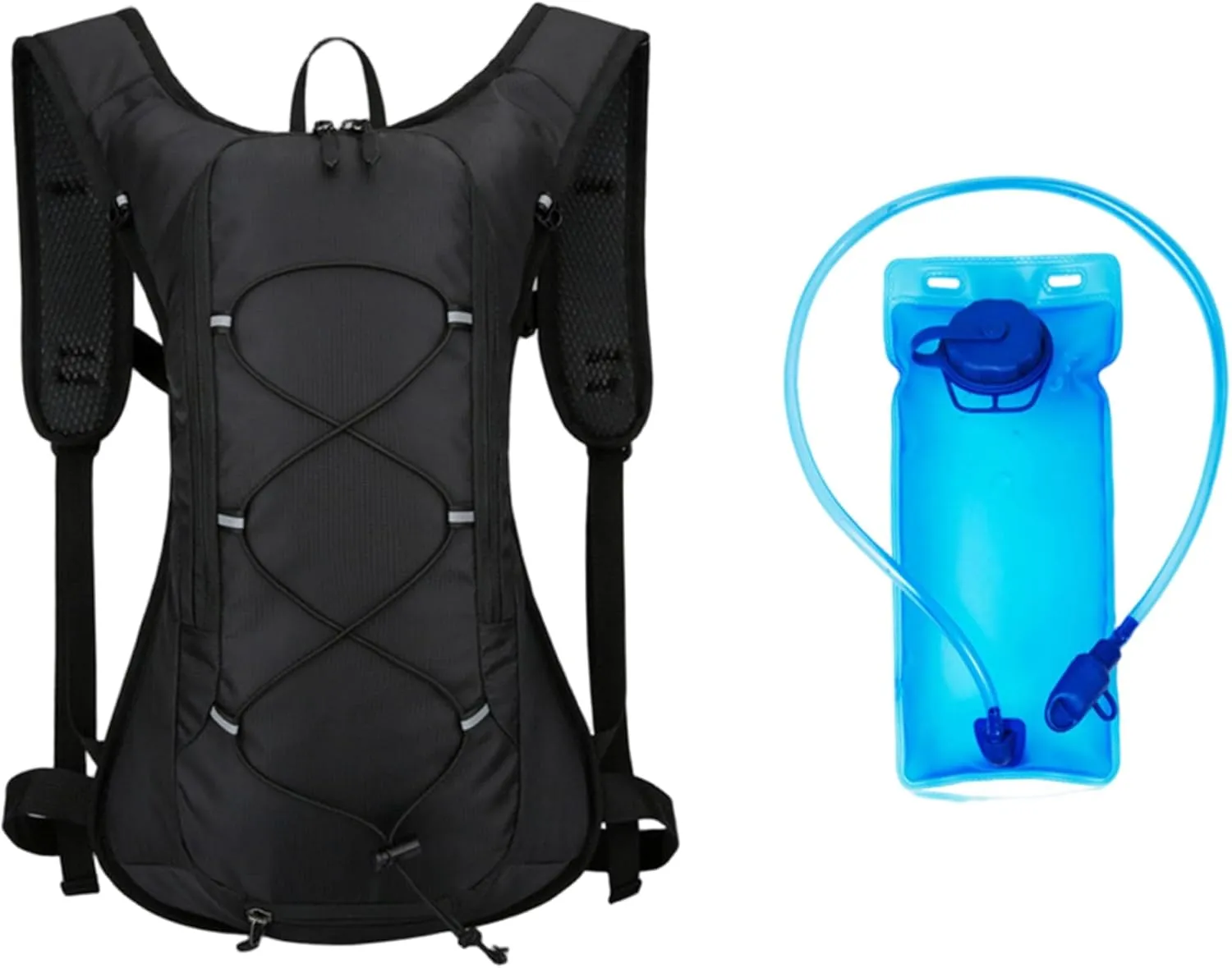 Hydration Backpack 16x11x4 Waterproof Nylon Water Backpack with 2L Bladder & with Chest Buckle Breathable Lightweight Reflective Water Bag for Hiking, Mountain Climbing, Black
