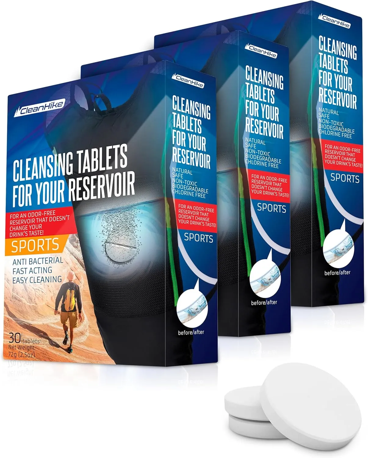 Hydration Backpack Cleaning Tablets - (90 Tablets) Great for Reservoir Pack or Hydration Bladder, Individually Packed, Quickly Removes Stubborn Stains & Odors (3)