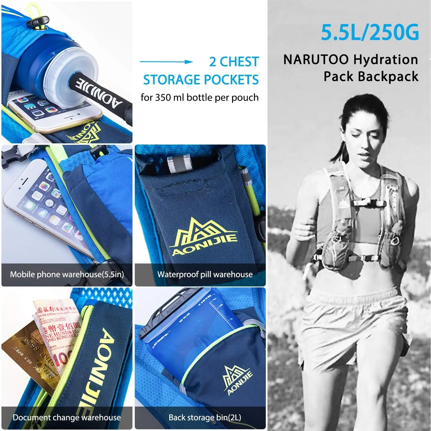 Hydration Pack Backpack,5.5L Running Hydration Vest Marathon Running Vest for Women and Men Lightweight Trail Running Backpack