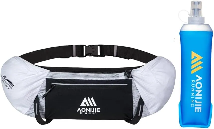 Hydration Running Belt Adjustable, Reflective & Lightweight Runners Waist Pouch for Men Womens, for Marathon Running Hiking Camping (A-White 500ml Flask)