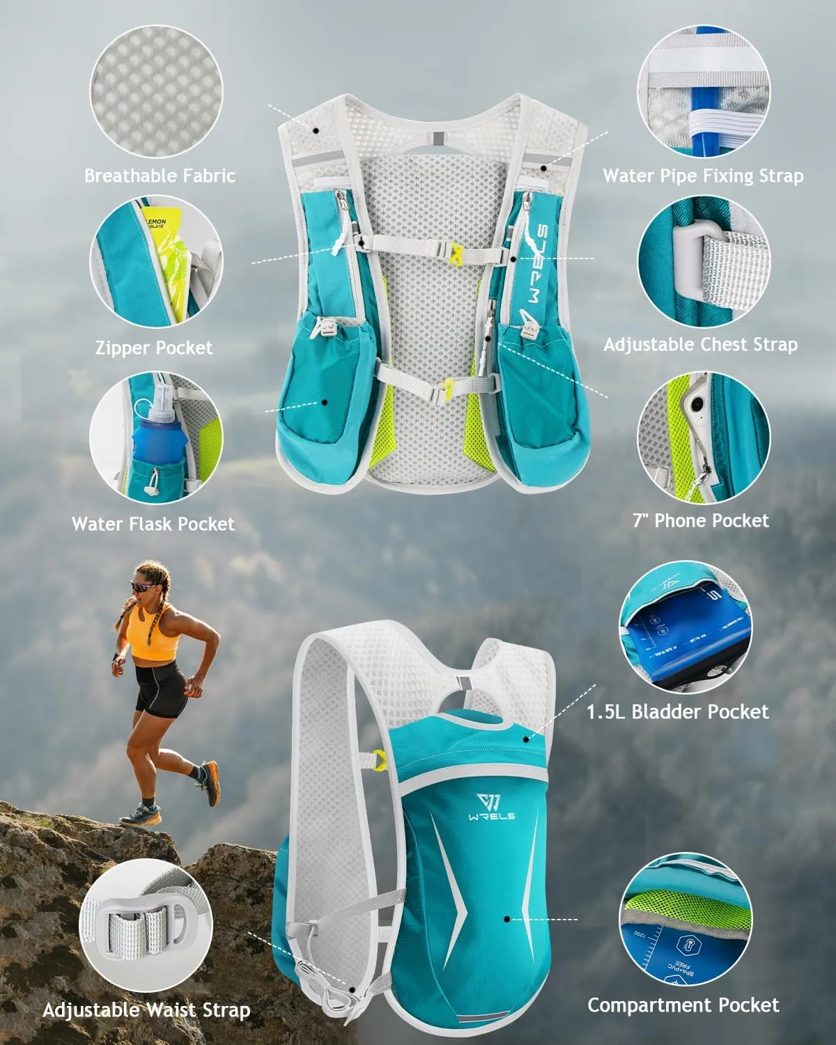 Hydration Running Vest for Men Women,5L Lightweight Water Backpack with 1.5L Leakproof Water Bladder,Hydration Vest for Marathon Cycling Jogging Hiking