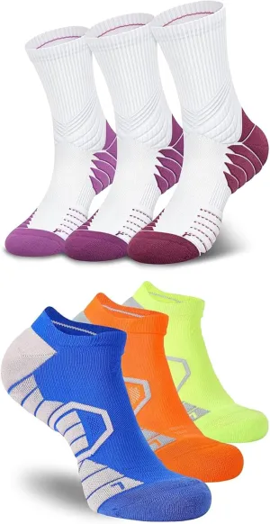 Hylaea 6 Pairs Running Socks for Men, Coolmax Anti-Blister Cushion Socks for Athletic, Padded Moisture Wicking & Seamless Size L Red & Green Blue Orange