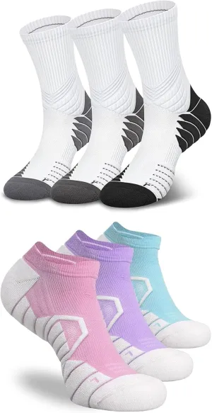 Hylaea 6 Pairs Running Socks for Men, Coolmax Anti-Blister Cushion Socks for Athletic, Padded Moisture Wicking & Seamless Size M Grey & Purple Red Green