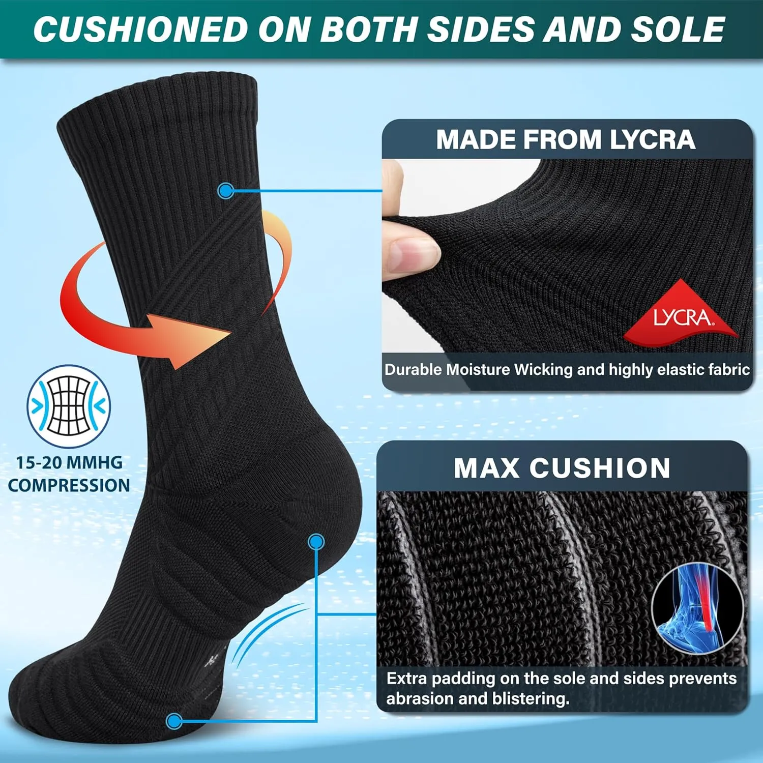 Hylaea Compression Running Socks for Men, Coolmax Anti-Blister Cushion Crew Socks for Athletic Basketball Tennis