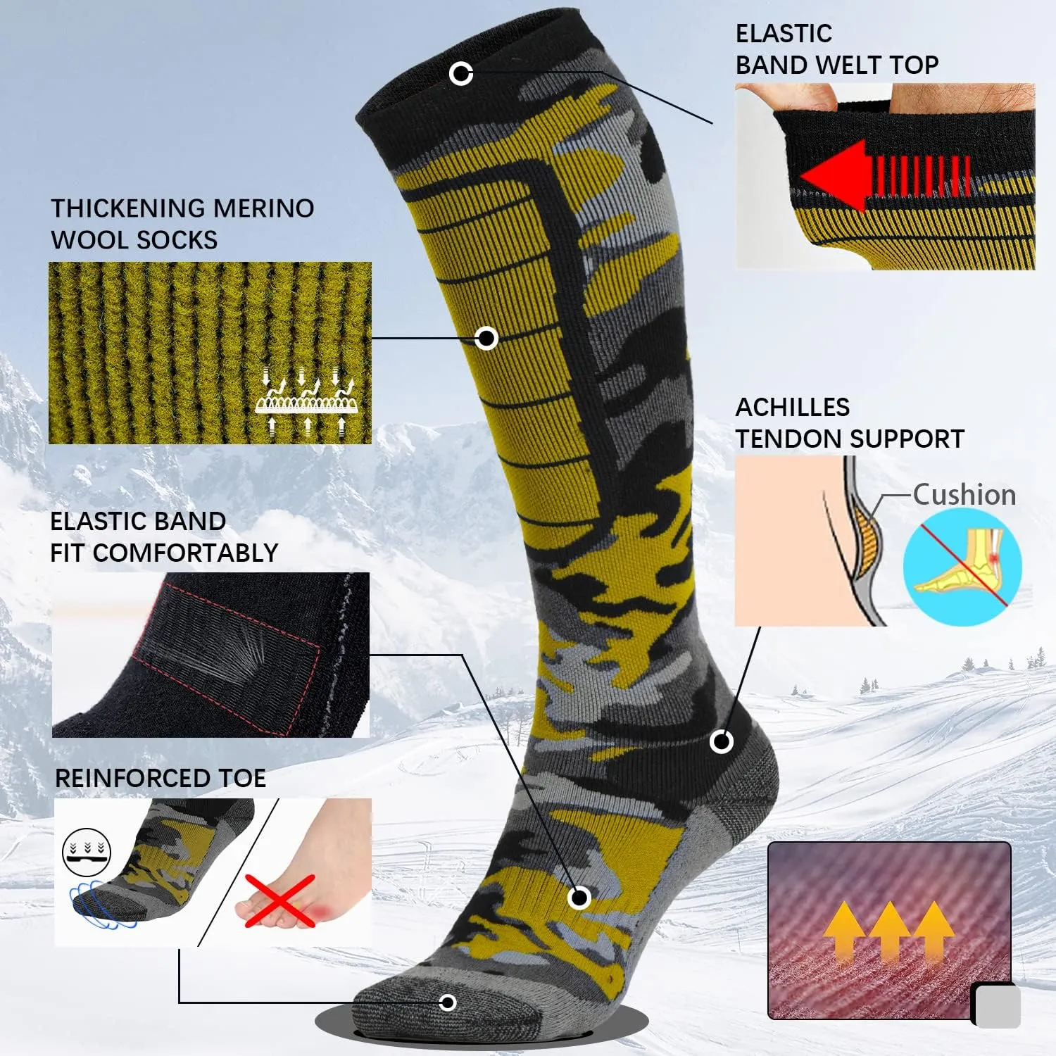 Hylaea Merino Wool Ski Socks, Cold Weather Socks for Snowboarding, Snow, Winter, Thermal Knee-high Warm Socks, Hunting