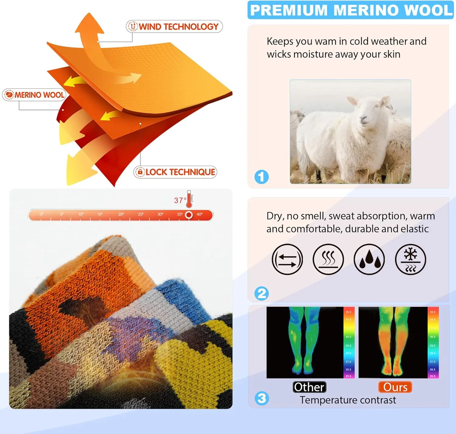 Hylaea Merino Wool Ski Socks, Cold Weather Socks for Snowboarding, Snow, Winter, Thermal Knee-high Warm Socks, Hunting