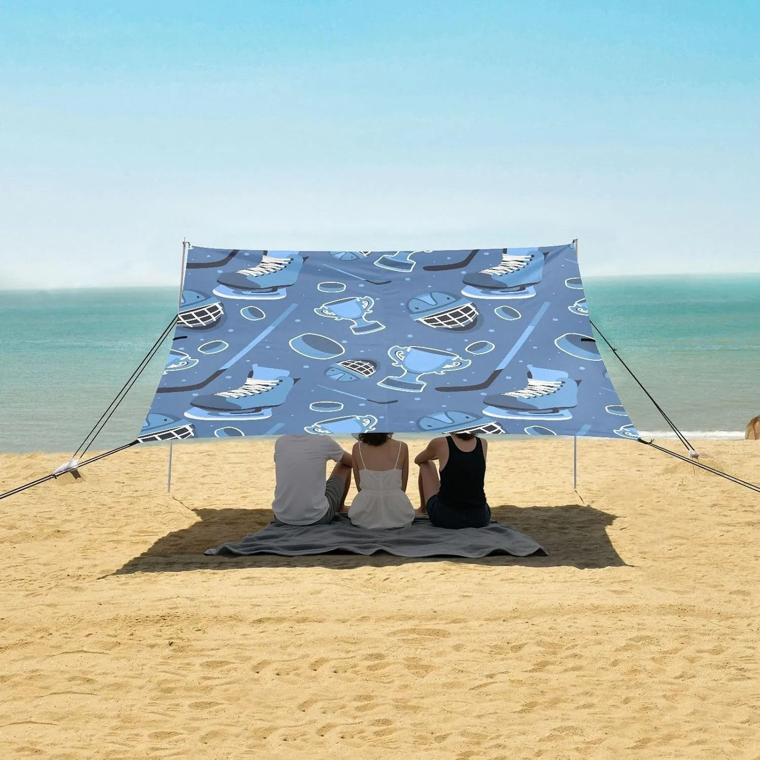 Ice Hockey Elements Pattern Beach Camping Tent Sun Shelter for Whole Family, Beach Shade Canopy with UPF50  UV Protection,Easy Set Up and Carry,Outdoor Shade for Trips, Fishing, Backyard Fun Pi
