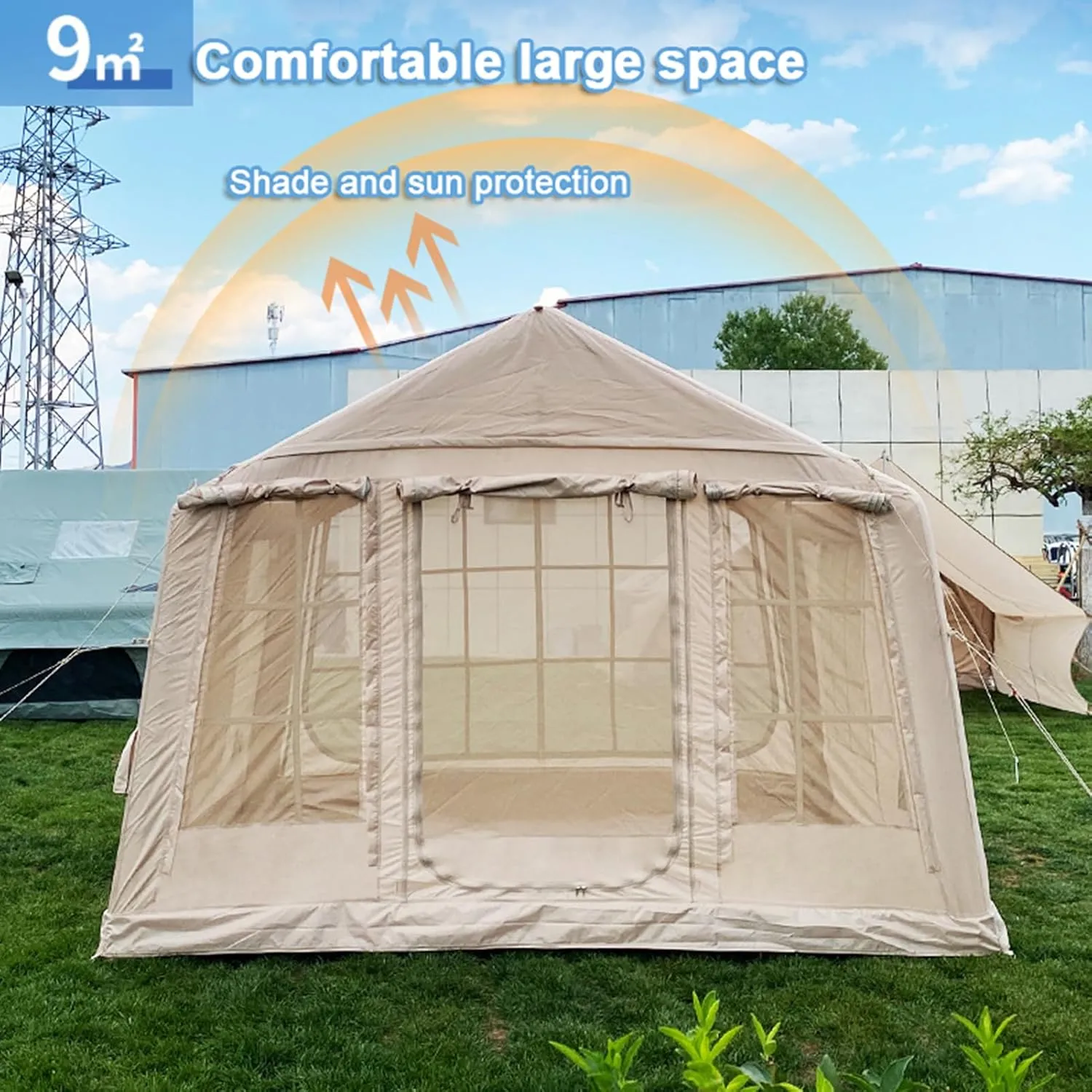 Inflatable Camping Tent with Pump, 4 Seasons Cabin Tent 9㎡, Easy Install Glamping Tents, Outdoor Oxford Tent Windproof with Carry Bag
