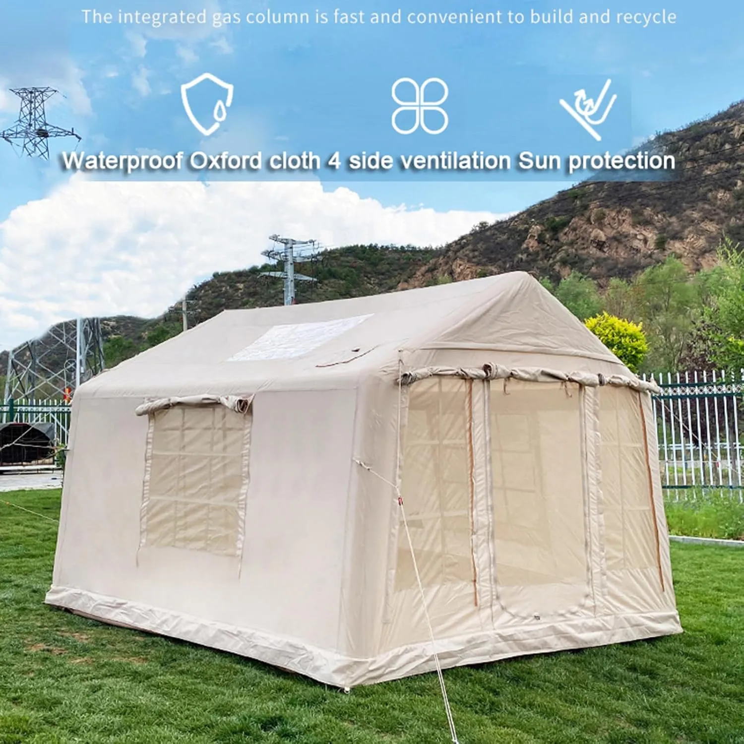 Inflatable Camping Tent with Pump, 4 Seasons Cabin Tent 9㎡, Easy Install Glamping Tents, Outdoor Oxford Tent Windproof with Carry Bag