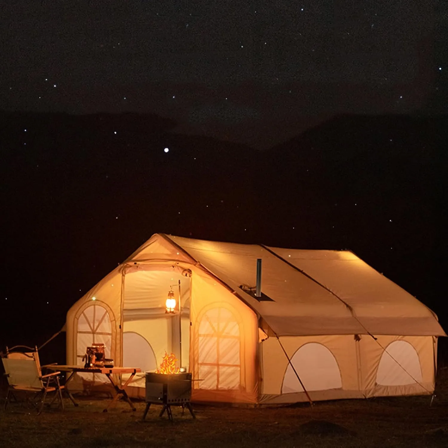 Inflatable Glamping Tent with Pump, Easy Setup 5-8 Person Glamping Tent, 4 Season Waterproof and Sun-Proof Family Camping Inflatable Tent