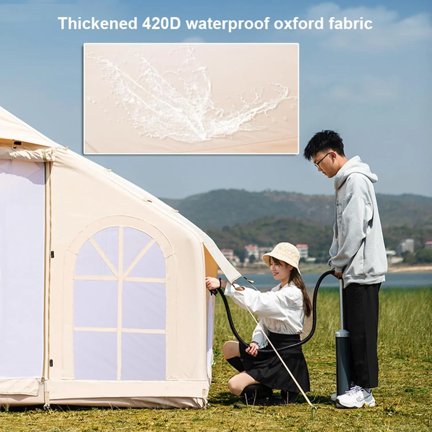 Inflatable Glamping Tent with Pump, Easy Setup 5-8 Person Glamping Tent, 4 Season Waterproof and Sun-Proof Family Camping Inflatable Tent