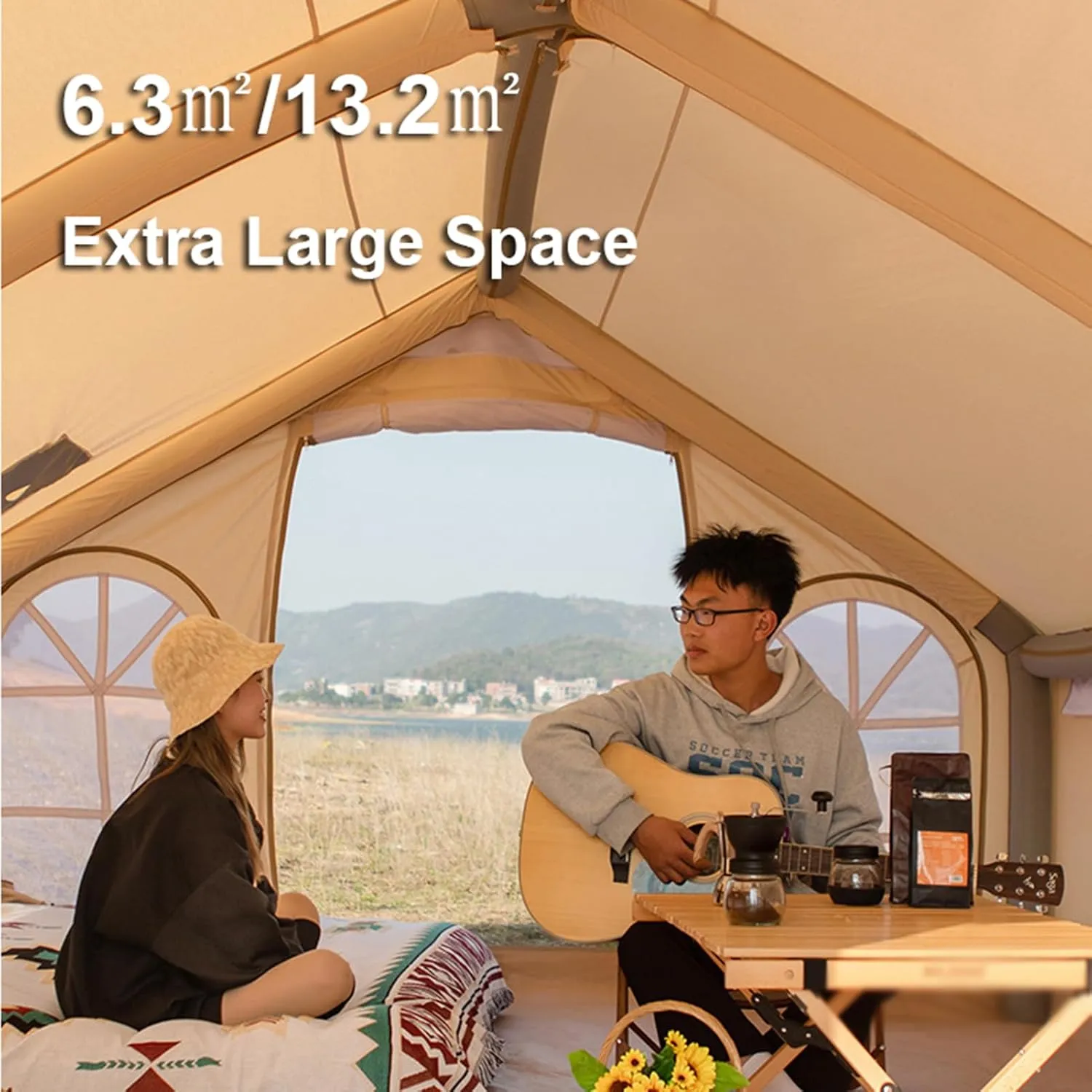Inflatable Glamping Tent with Pump, Easy Setup 5-8 Person Glamping Tent, 4 Season Waterproof and Sun-Proof Family Camping Inflatable Tent