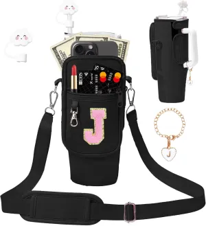 Initial A-Z Carrier Bag for Stanley 40 oz Tumbler, Stanley Cup Holder with Strap - Spill Stopper - Letter Charm
