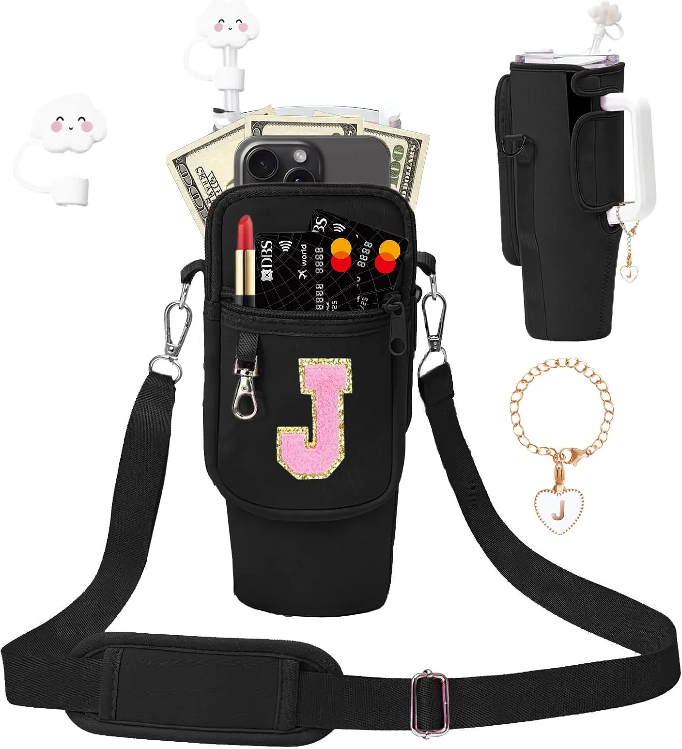 Initial A-Z Carrier Bag for Stanley 40 oz Tumbler, Stanley Cup Holder with Strap - Spill Stopper - Letter Charm