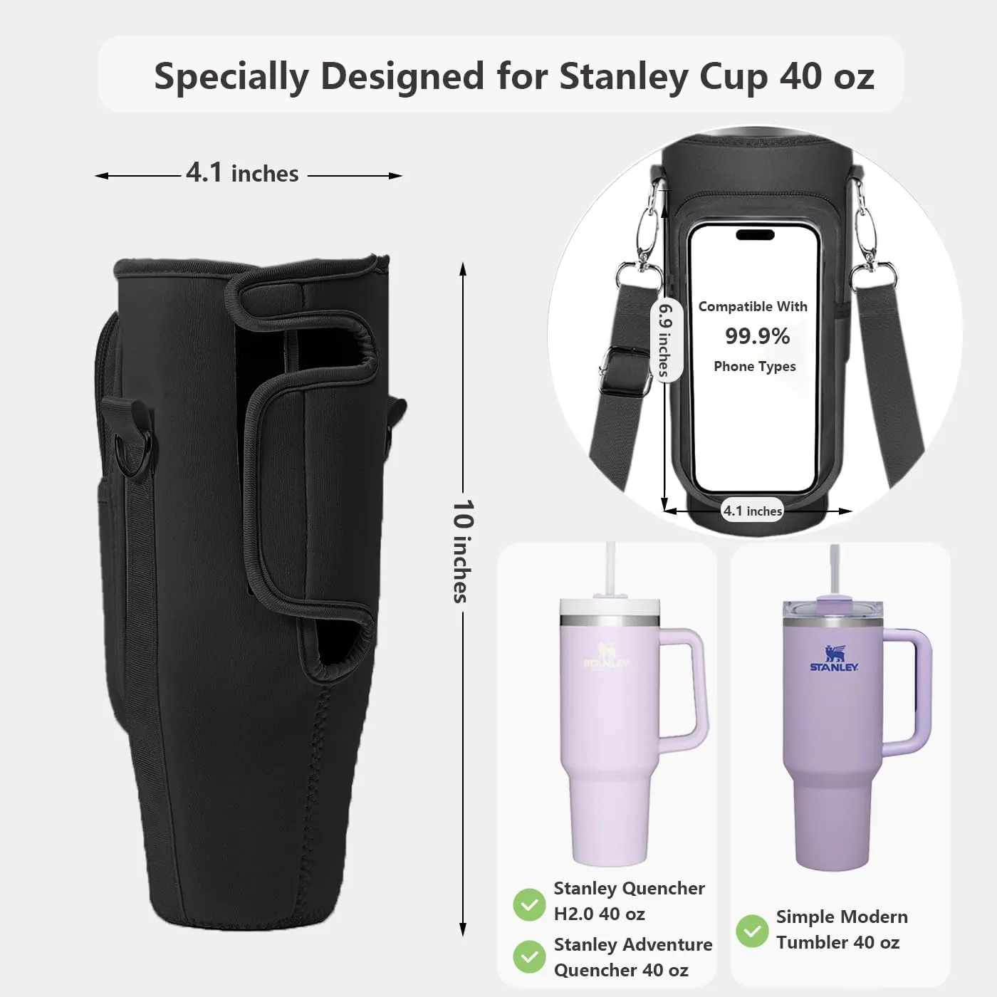 Initial A-Z Carrier Bag for Stanley 40 oz Tumbler, Stanley Cup Holder with Strap - Spill Stopper - Letter Charm